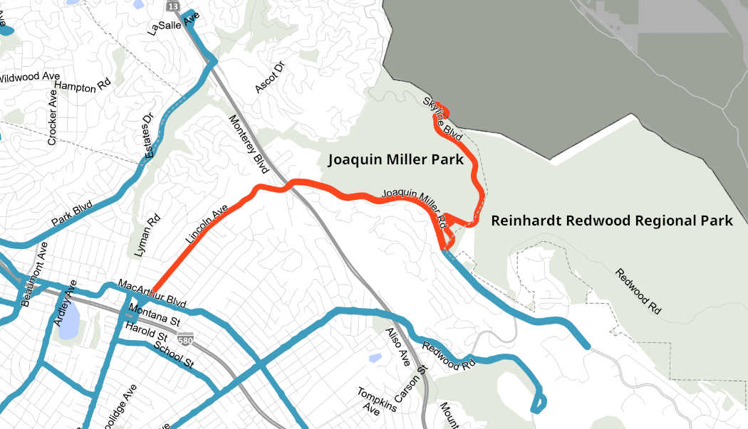 An excerpt of the AC Transit Realign map with new weekend service along Lincoln Ave, Joaquin Miller Rd, and Skyline Blvd highlighted in red